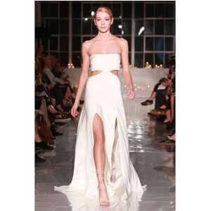NWT Dan Jones $3,190 Retail Silk Crepe High Slit Strapless Ivory Wedding Dress S